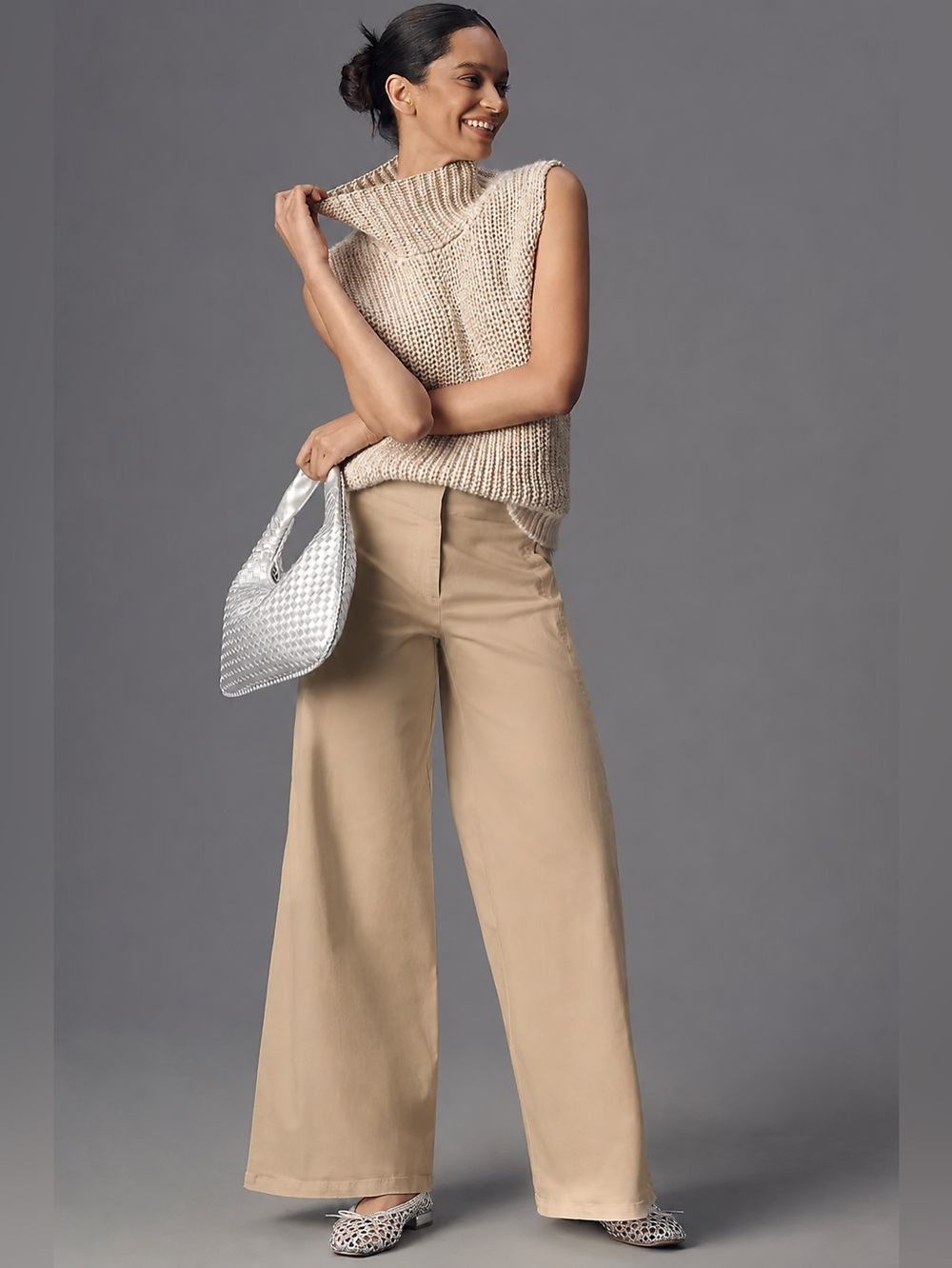 Anthropologie Maeve Tan Cotton Blend Scalloped Side Wide-Leg Pants Sz. 29